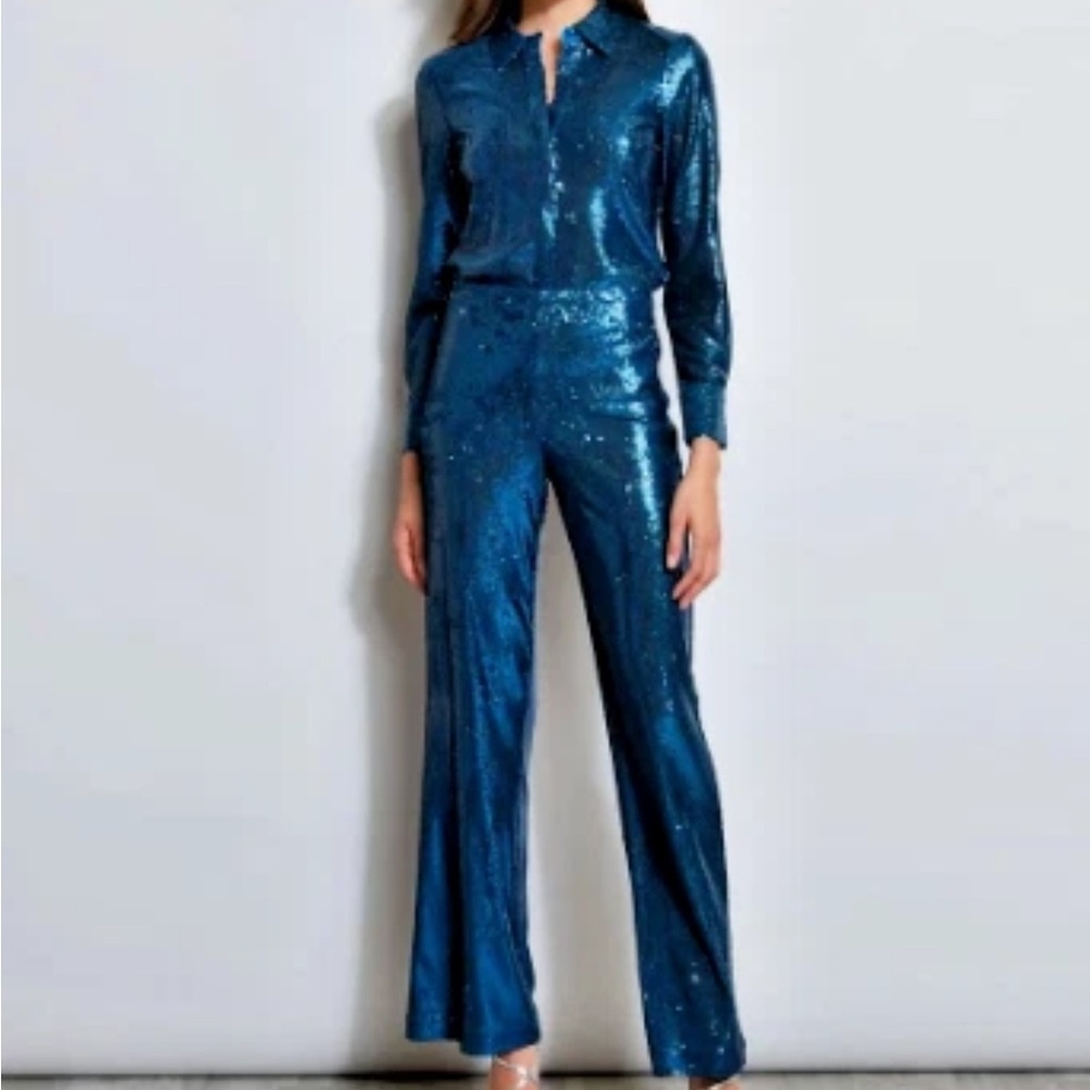 Elie Tahari Teal Sequined Pants and Top Set - size Large